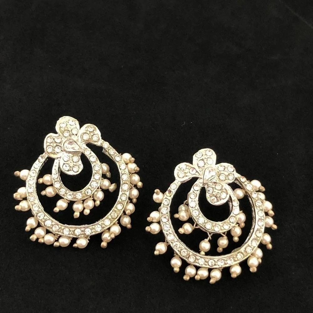 Silver Tone Pearl Crystal Bridal Earrings Bride